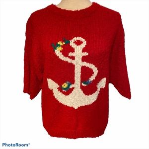 VINTAGE OBJECTIVES SWEATER RED CREW NECK WHITE ANCHOR Size L